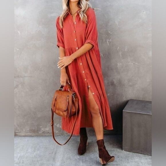 R. Vivimos Rust Red Tiered Midi Dress Women Small NWT Short Sleeves Button-Down - Picture 1 of 6